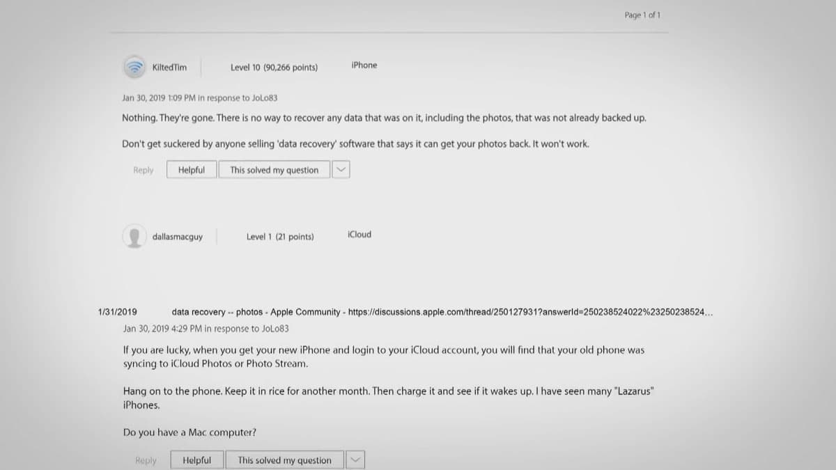 Apple forum screenshot: typical guidance suggests replacement, not board-level data recovery