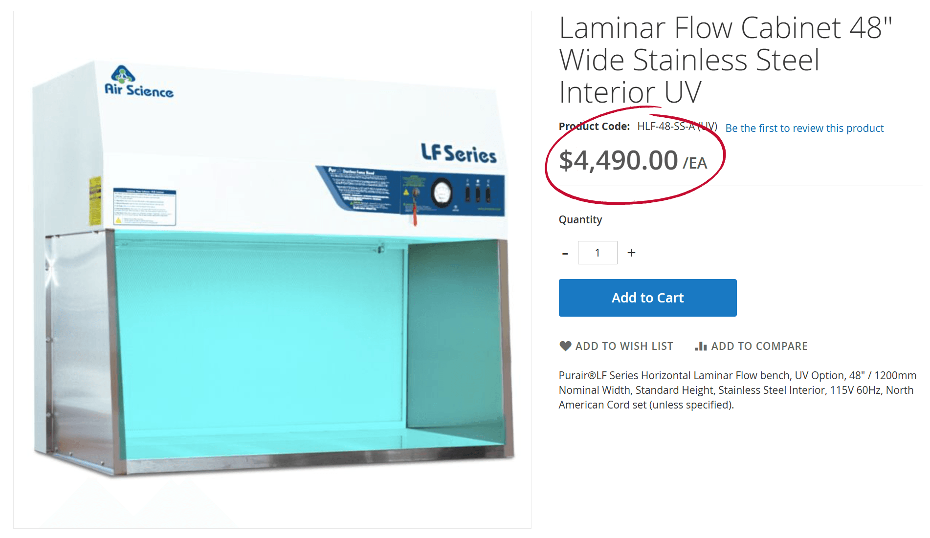 Purair VLF‑48 laminar flow bench listing price $4,490